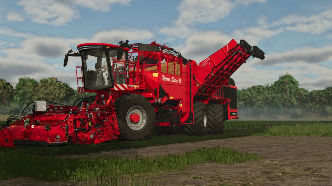 Holmer Terra Dos Edit v1.0.0.0 mod in FS25, featuring a red harvester on a farm.