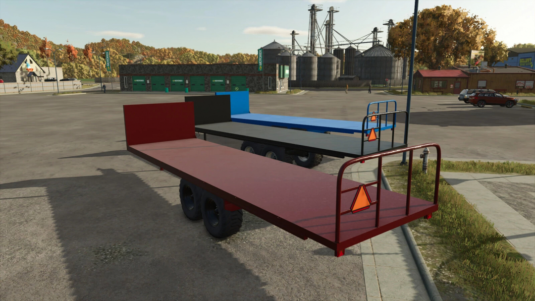 FS25 mods: Homemade Bale Trailer v1.0.0.0 in Farming Simulator 25, featuring two flatbed trailers parked in a farmyard setting.