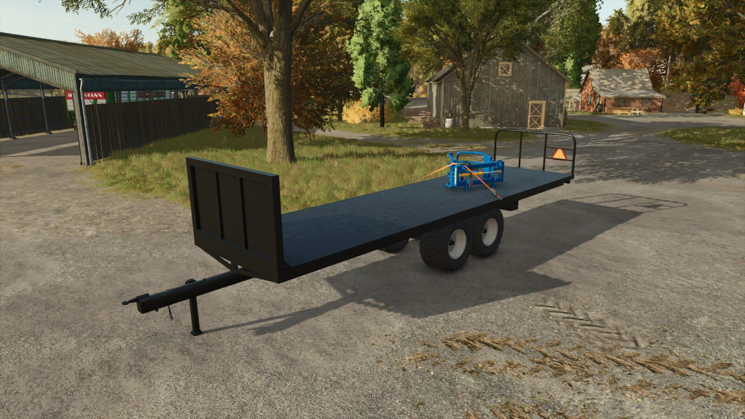 Homemade Bale Trailer v1.0.0.0 mod in FS25 game, showcasing a flatbed trailer in a rural setting.