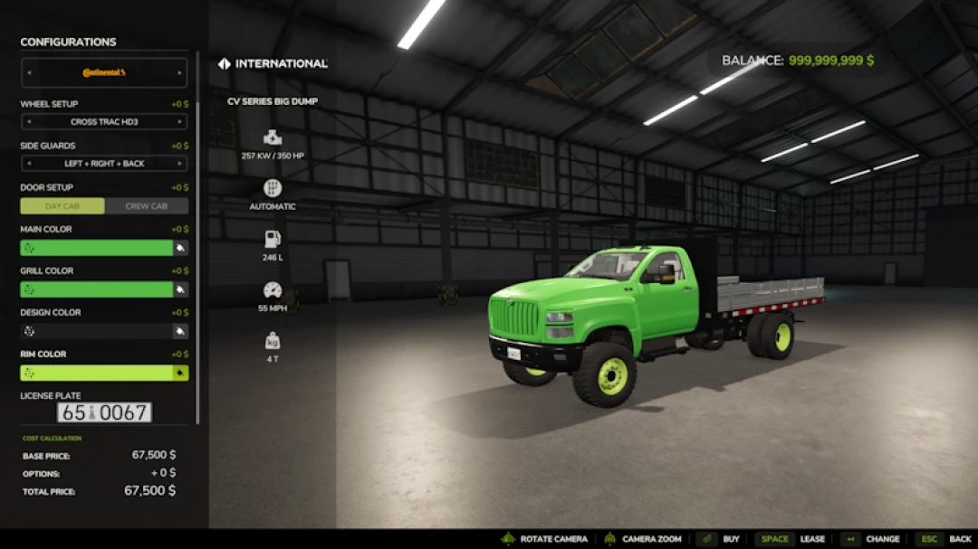 FS25 mod showing the International CV Series truck in a garage with customization options displayed. Farming Simulator 25 mods.