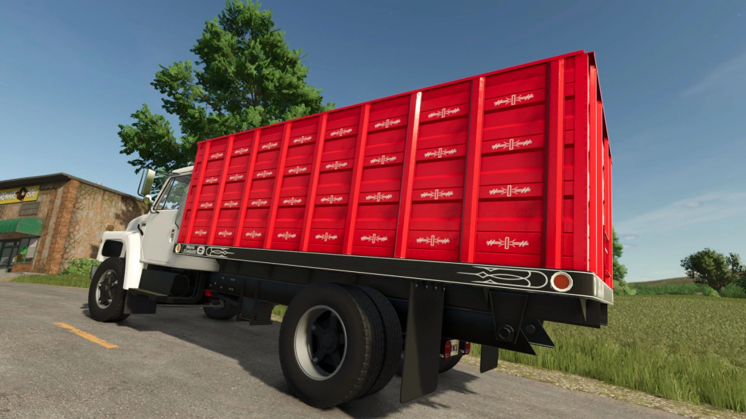 International S1800 Grain Bed mod for FS25, featuring a white truck with a red grain bed on a rural road.