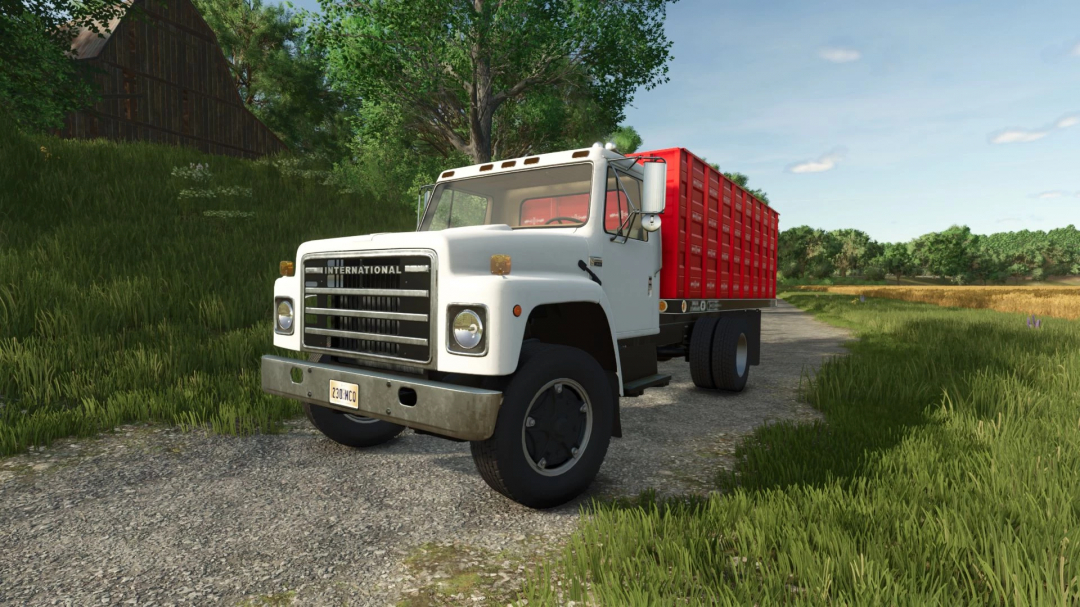 International S1800 Grain Bed truck mod in FS25, parked on a rural path.