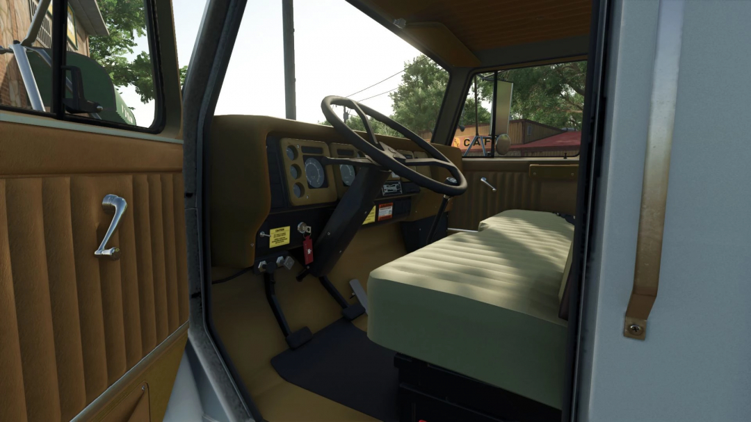 Interior view of International S1800 Grain Bed mod for FS25, showcasing vintage steering wheel and dashboard details.