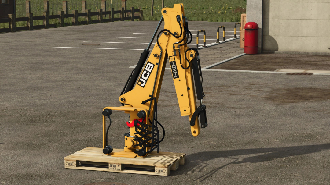 JCB 1CXT v1.0.0.0 mod for Farming Simulator 25, showcasing a yellow JCB arm on a wooden pallet.