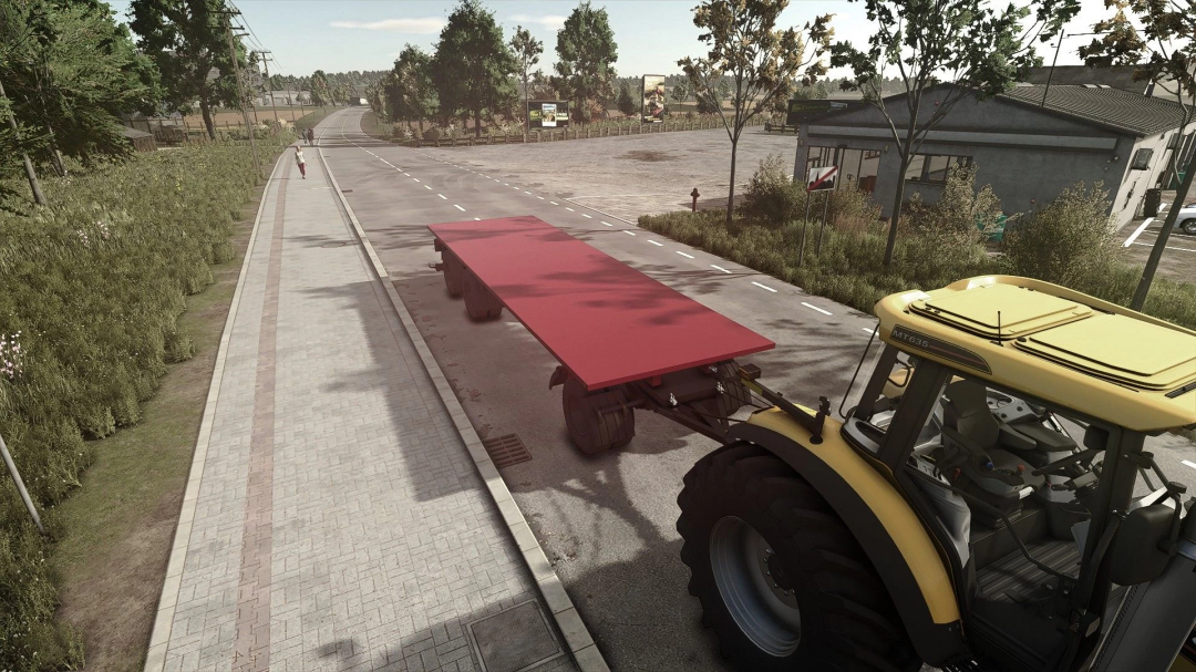 Kamaz Platform Long mod in FS25 showing a tractor with a red trailer on a rural road.