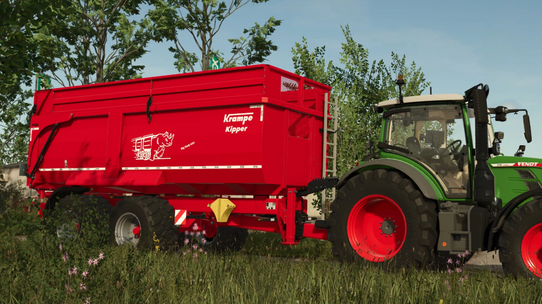 FS25 mod Krampe Big Body 650 trailer attached to a tractor in a field.