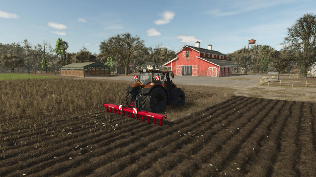 FS25 mod LIZARD 6M v1.0.0.0, a tractor plowing a field near a red barn and greenhouse