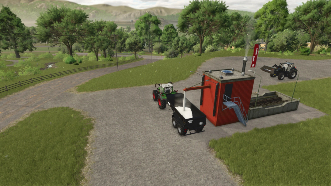 FS25 mod Lime Production v1.0.0.0 features a tractor loading lime in a rural setting.