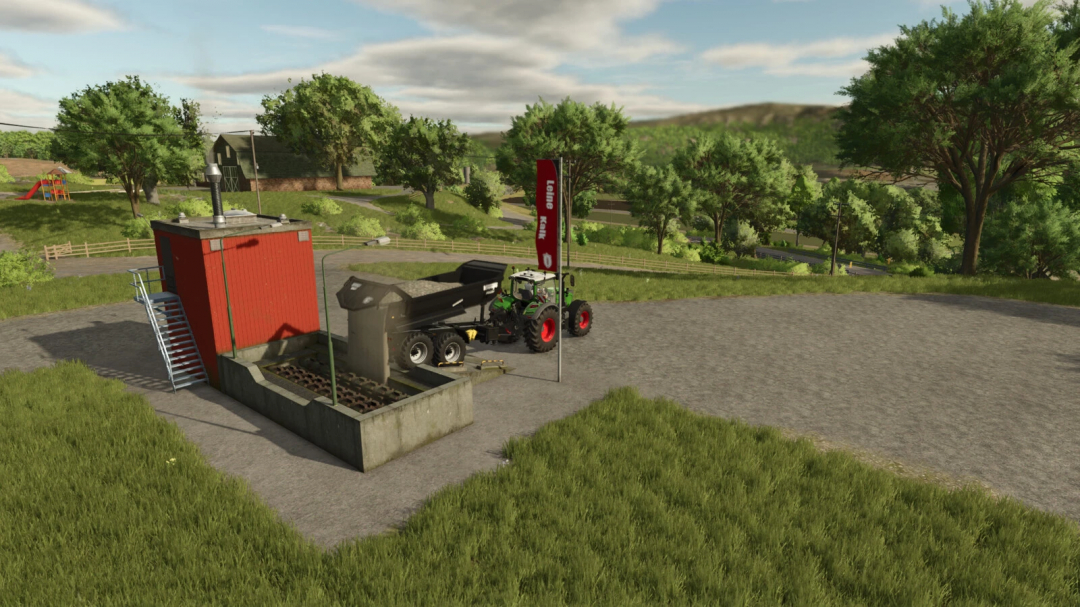 Lime Production mod in FS25, showcasing a lime factory with a tractor and trailer in a rural setting.