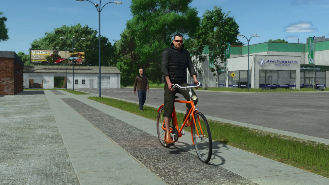 FS25 mod Lizard Old Bike v1.0.0.0 shows a man cycling an orange bike on a sidewalk in Farming Simulator 25.