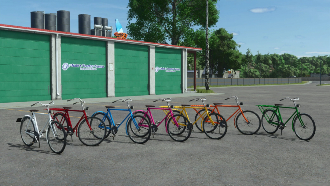 Line of colorful Lizard Old Bikes in front of green tractor center in FS25 mod.