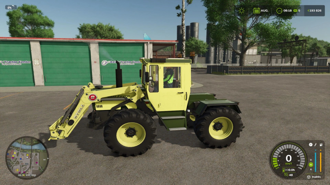 MB Trac 1000-1100 Pack mod in Farming Simulator 25, showcasing a modified tractor in front of a green garage.