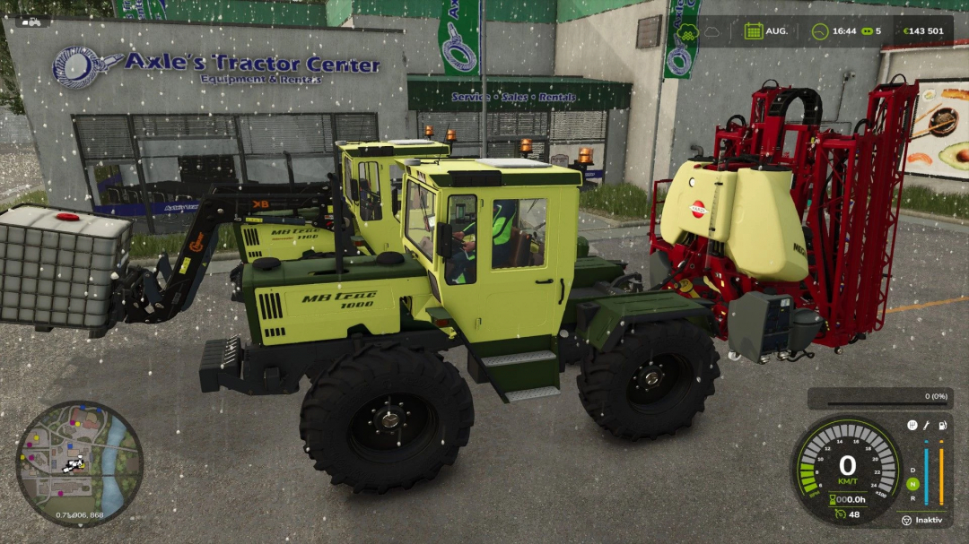 MB Trac 1000 tractors with equipment outside a tractor center in FS25 mods.