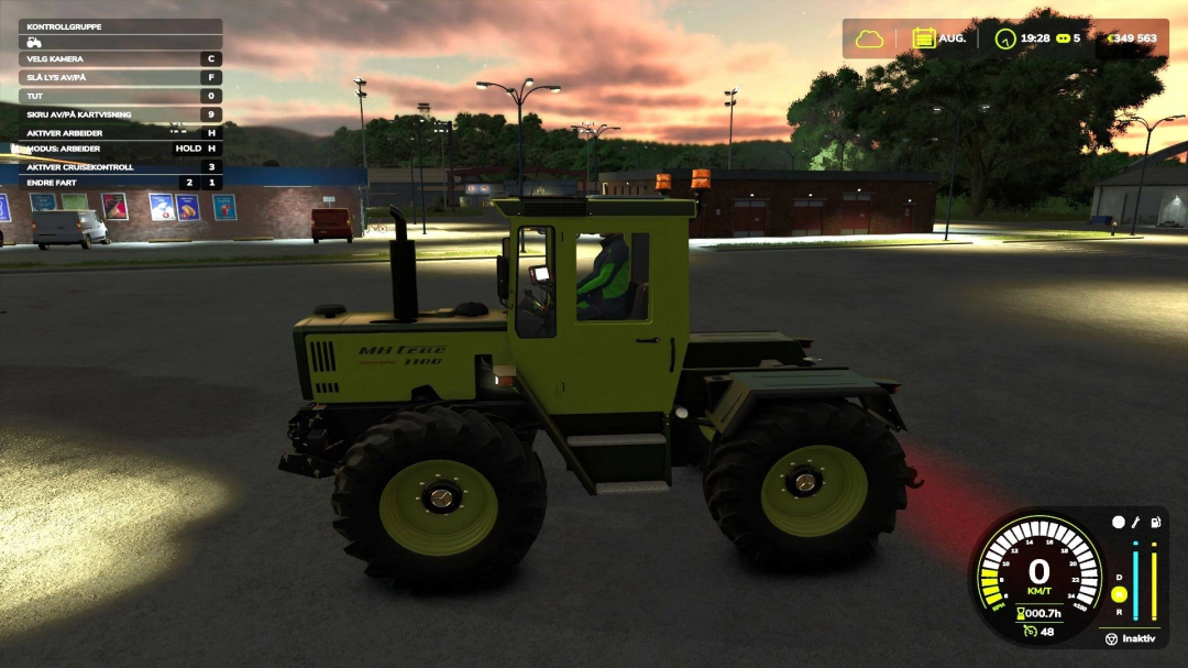 FS25 mod MB Trac 1000-1100 tractor at sunset, showcasing game controls and dashboard in Farming Simulator 25.