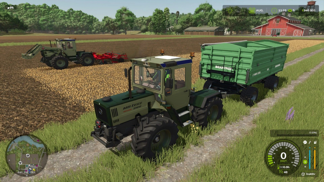 FS25 mod MB Trac 1000-1100 Silbersteel tractor in field towing green trailer, Farming Simulator 25 gameplay.