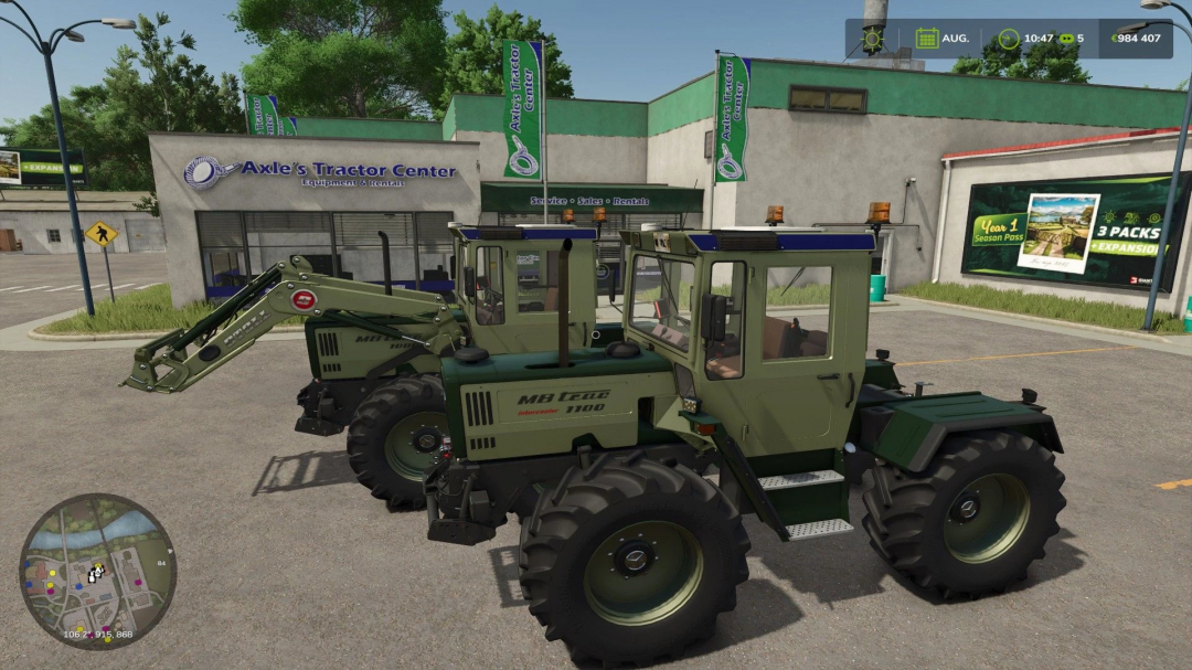 FS25 mod MB Trac 1000-1100 Silbersteel tractor parked outside Axle's Tractor Center.