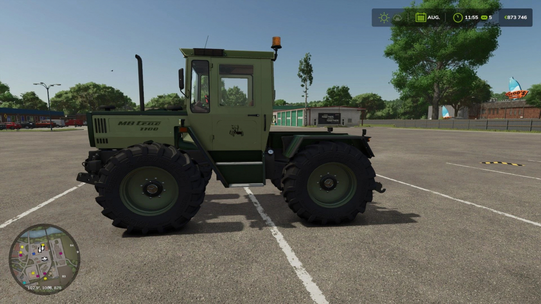 MB Trac 1000-1100 Silbersteel tractor mod in FS25, parked on concrete in a virtual farm setting.