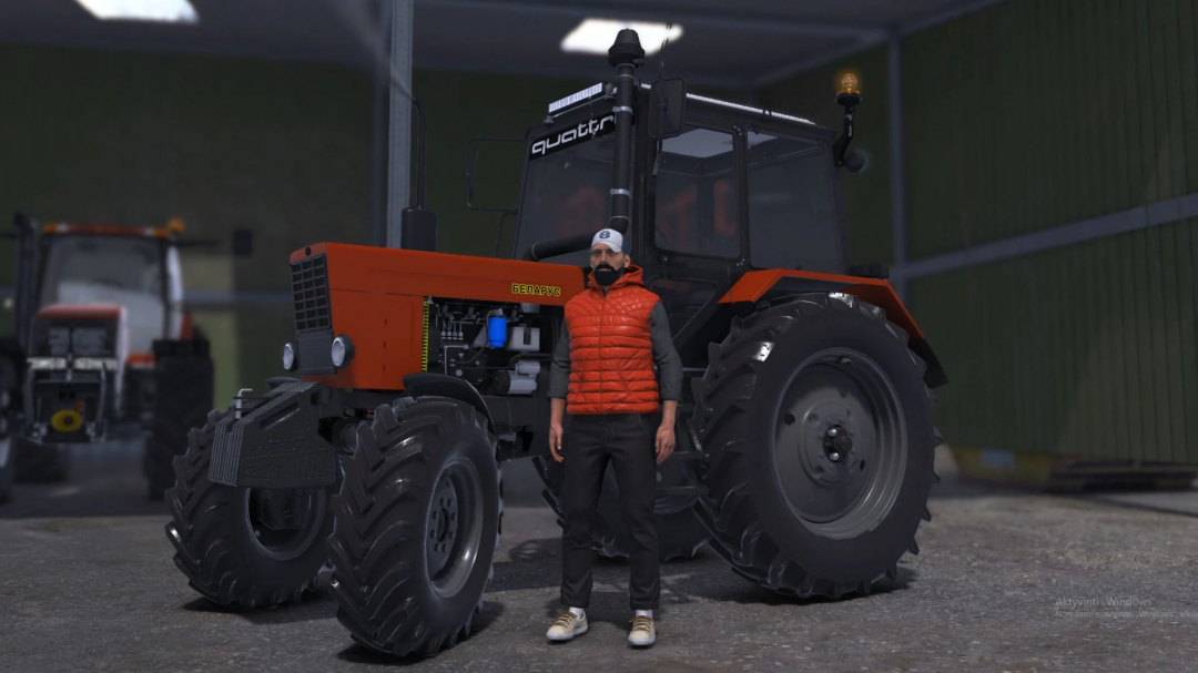 MTZ 82.1 Turbo tractor mod v1.0.0.0 in FS25 with a person standing in front, showcased in a garage setting.