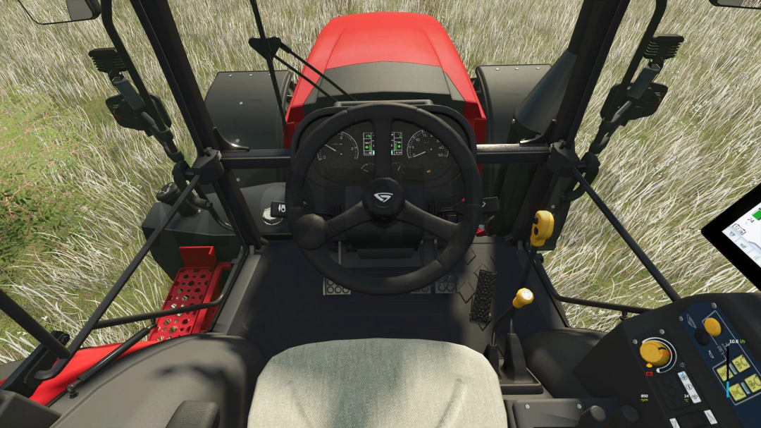 Interior of MTZ Belarus 2022.7 tractor mod in FS25, showcasing steering wheel and controls.