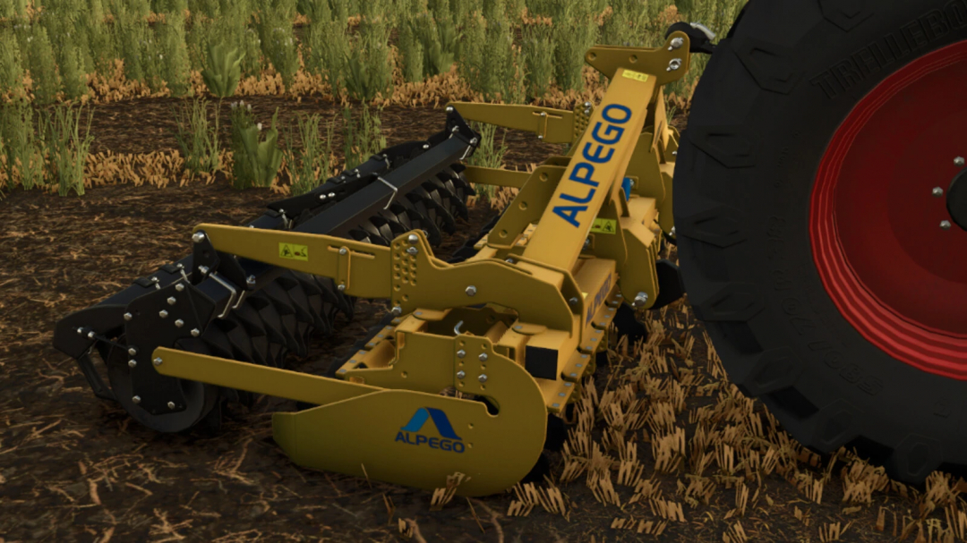 FS25 mod Maratona MG 300 v1.0.0.0 showing close-up of agricultural equipment next to a tractor tire on a farm field.