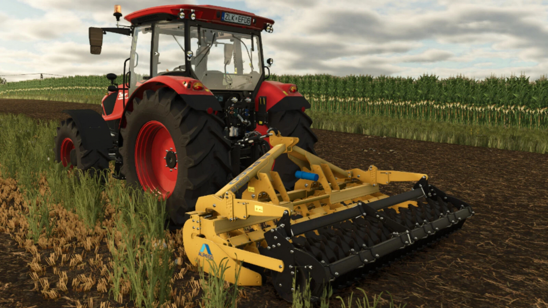 FS25 mod Maratona MG 300 v1.0.0.0 showing red tractor with farming equipment in field.