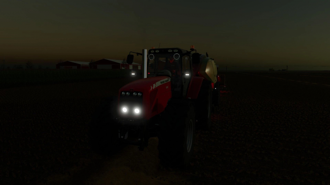 Massey Ferguson 8480 tractor mod in FS25 with headlights on, set against evening farmland.