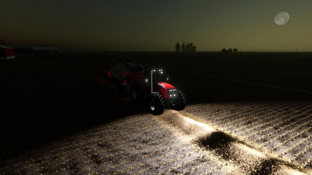 Massey Ferguson 8480 tractor mod in Farming Simulator 25 working in a field at night.