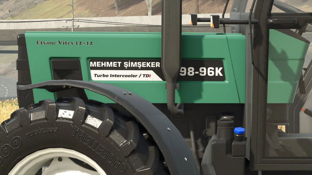 Close-up of Mehmet Şimşeker 98-96 K tractor mod in FS25 with Turbo Intercooler, TDI engine.