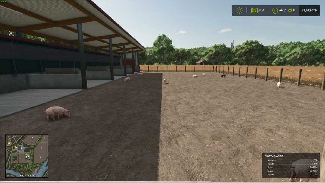 FS25 mod image showing a pigsty with pigs in Farming Simulator 25. More Liquid Manure v1.0.0.0 mod details overlayed.