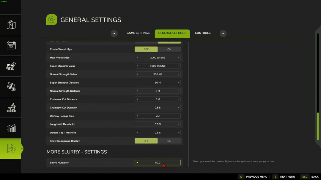 FS25 mod More Liquid Manure v1.0.0.0 settings menu with slurry multiplier option.