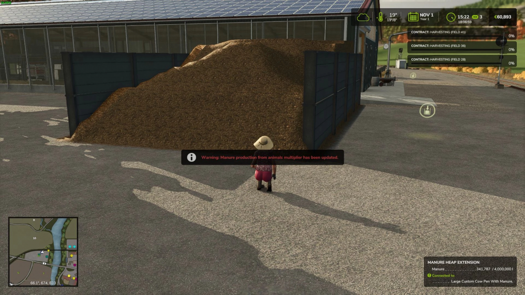 Farming Simulator 25 mod More Manure v1.0.0.0 showing increased manure pile with a warning notice.