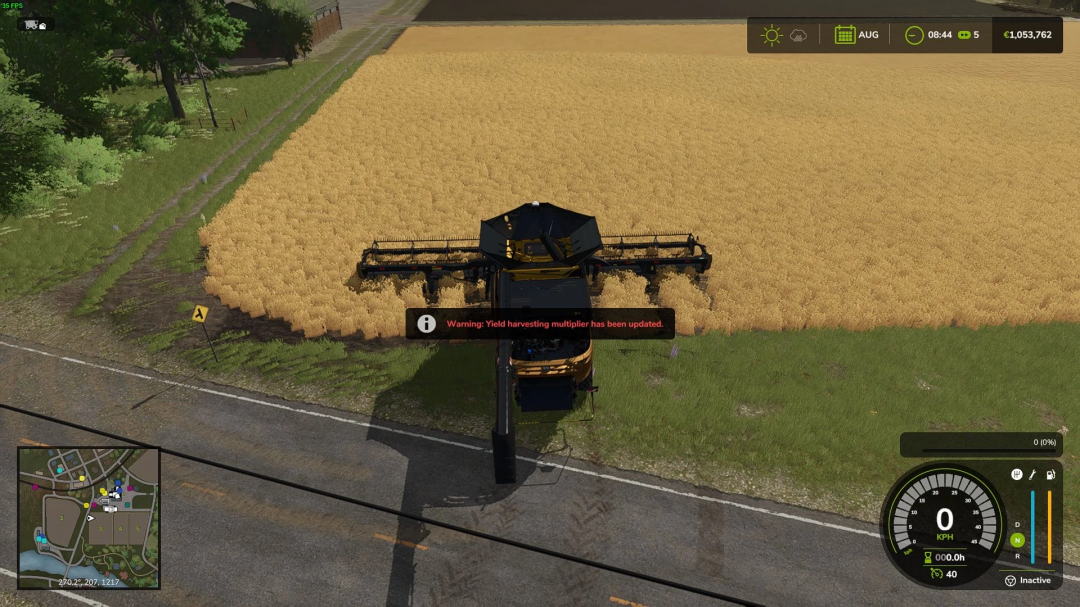 FS25 mod More Yield v1.0.0.0 showing a harvester on a wheat field with yield multiplier update.