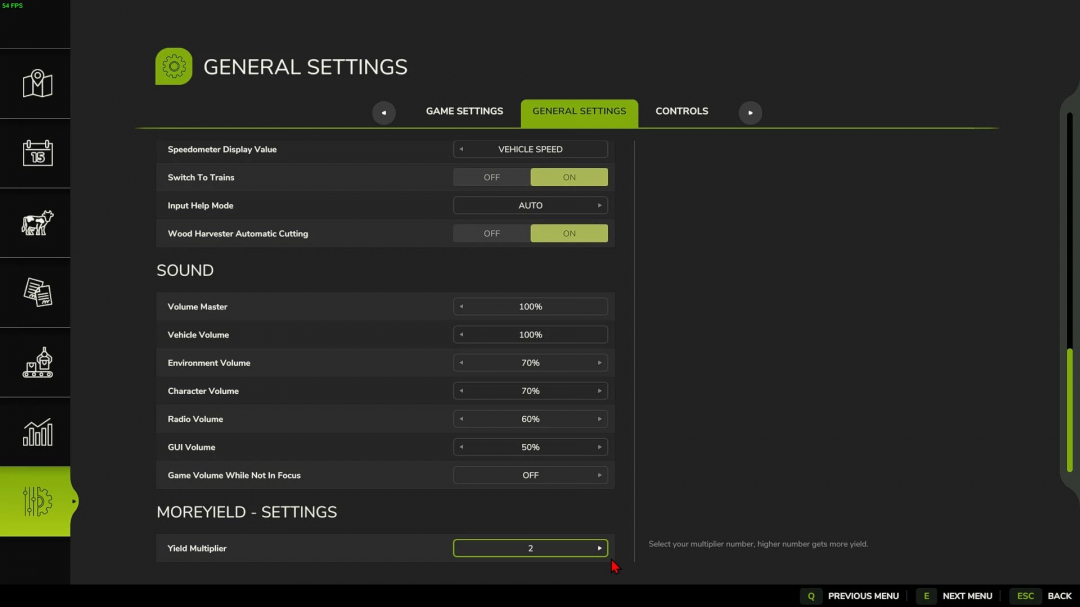 Farming Simulator 25 More Yield mod settings with options for speedometer, sound, and yield multiplier.