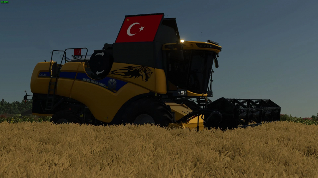 New Holland CX 5.80 harvester mod in FS25 with a Turkish flag detail.