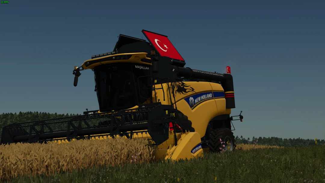 New Holland CX 5.80 combine harvester mod in FS25, with Turkish flag, working in a field.