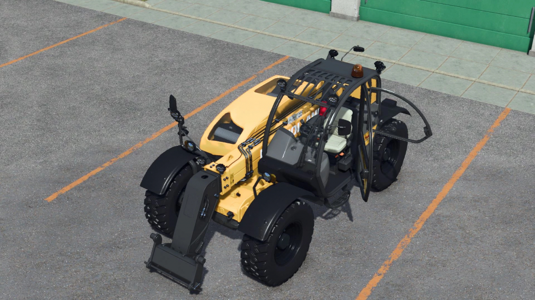 New Holland TH&LM mod in FS25 showing a detailed view of a telehandler in a parking lot.