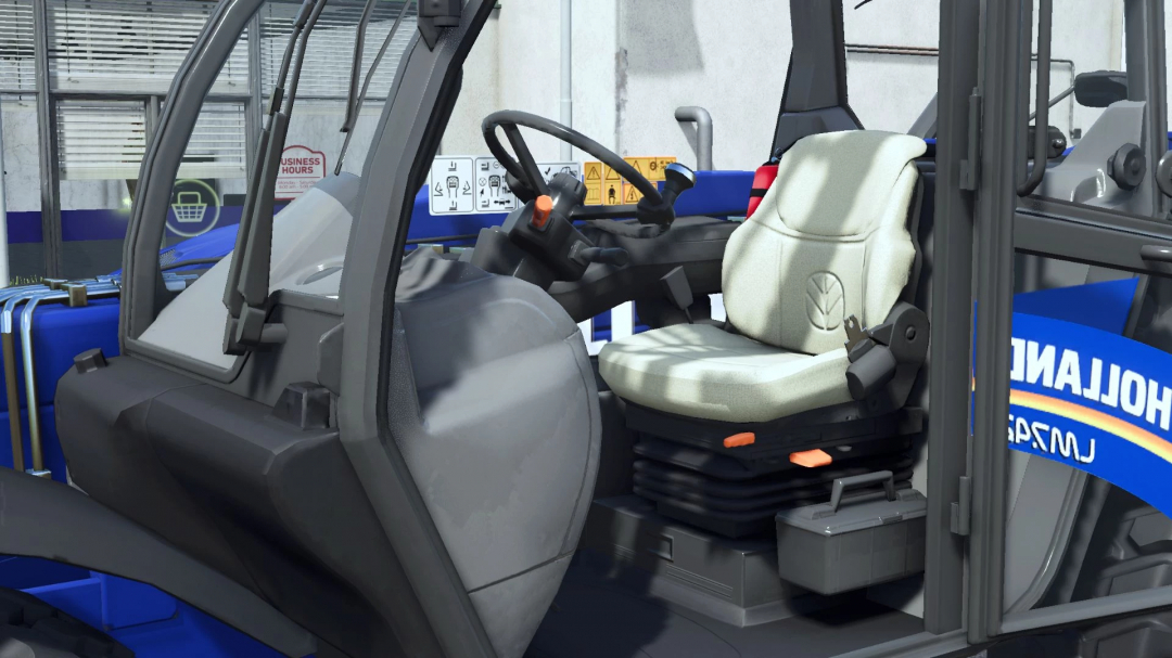 Interior of New Holland TH & LM mod in FS25, showing the driver's seat and controls.