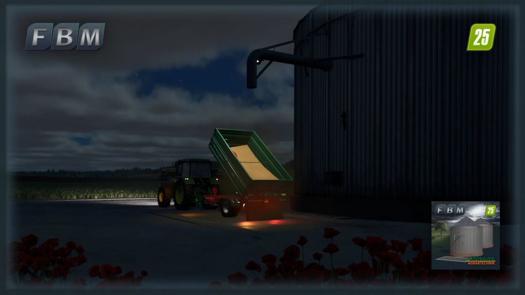 Tractor unloading crops into silo at night in FS25 mod OldFarmSilo v1.0.0.0, showcasing Farming Simulator 25 mods.