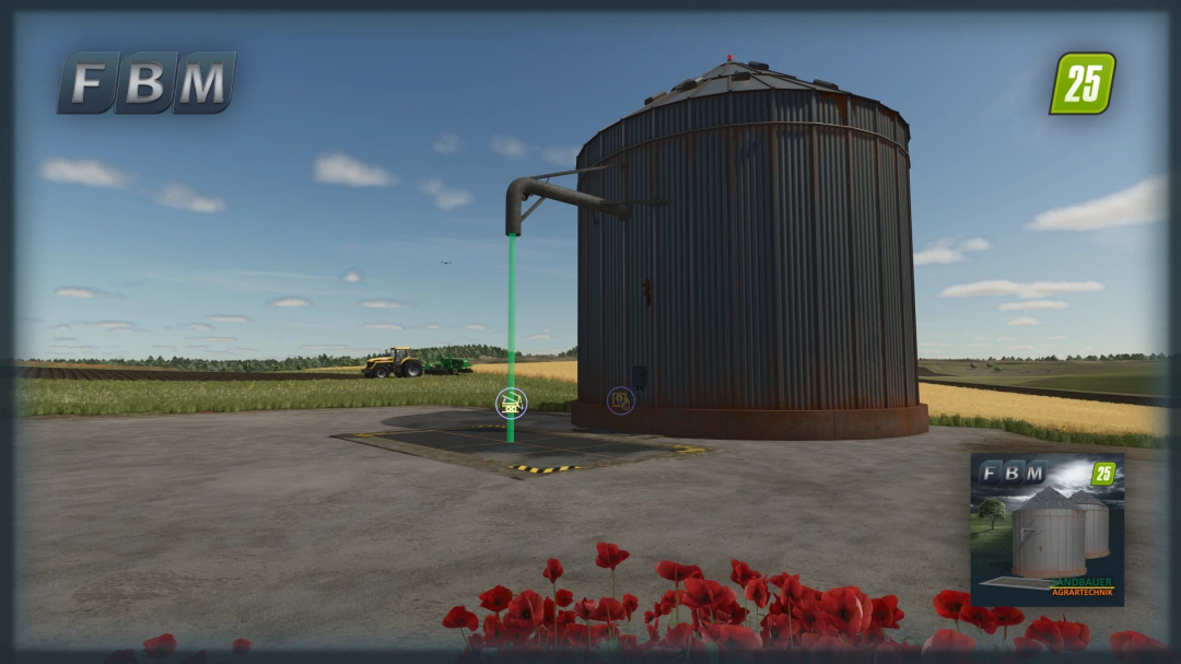 Image of OldFarmSilo mod in FS25. A large metal silo with a tractor in the background, set in a field under a clear sky.