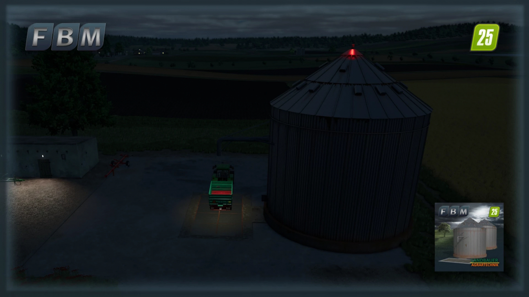 Night scene of OldFarmSilo mod in Farming Simulator 25, featuring a large metal silo with a red light and a parked vehicle. FS25 mods.