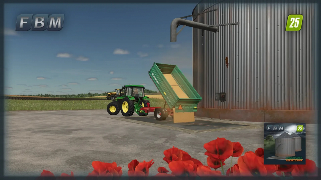 FS25 mods: OldFarmSilo in Farming Simulator 25 with tractor unloading grain.