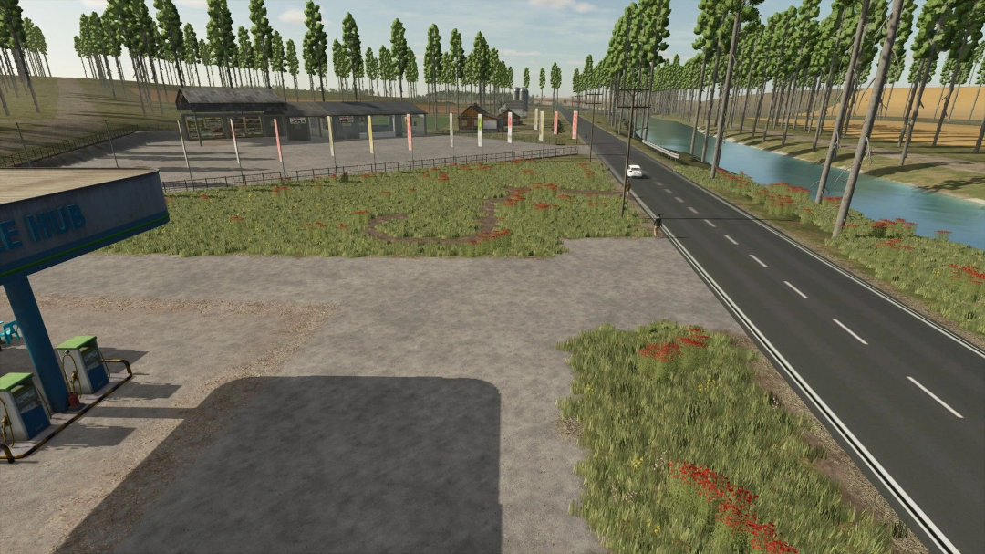 FS25 Old Kiwi Farm mod showing a rural gas station, road, river, and trees.