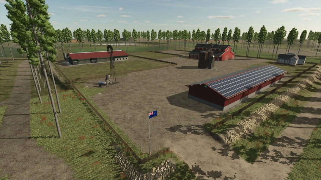 Old Kiwi Farm mod in FS25 with solar panels and buildings in a rural landscape. Farming Simulator 25 mods.