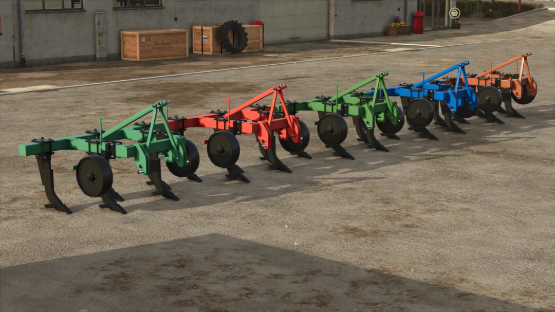 FS25 mods showcase PCH-2,5 v1.0.0.0 plows in various colors, arranged in a row on a farmyard.