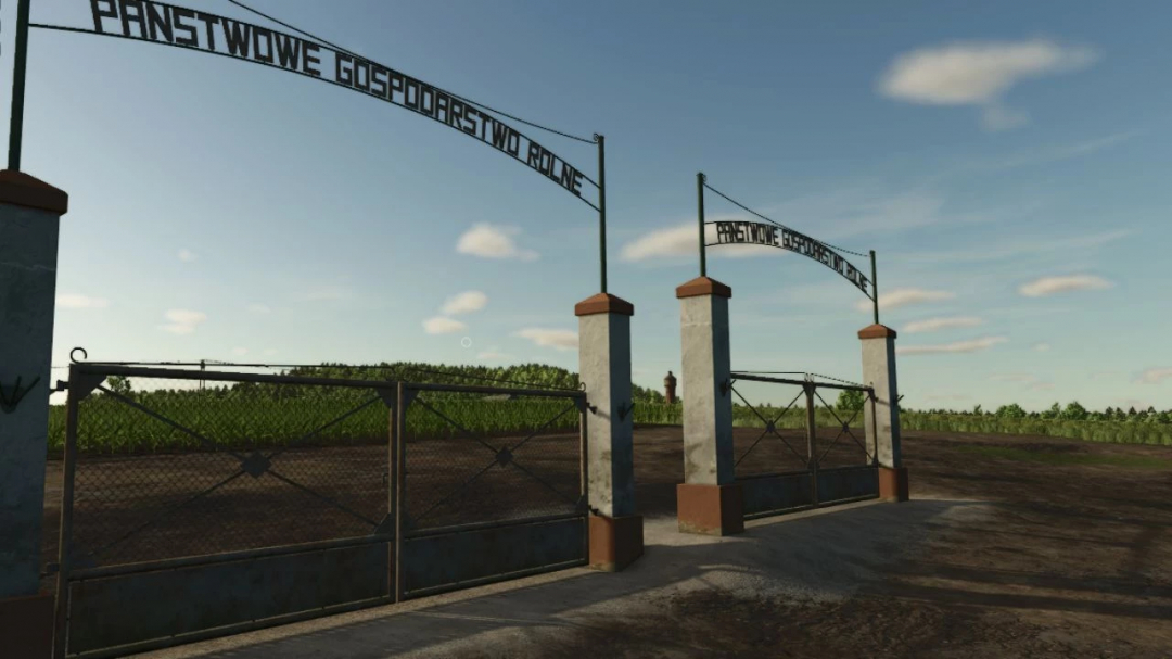 FS25 mods PGR map gates pack v1.0.0.0 showing farm entrance with fields in background.