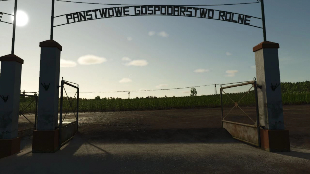 PGR map gates pack v1.0.0.0 mod for FS25 featuring farm entrance with open metal gates under clear sky.