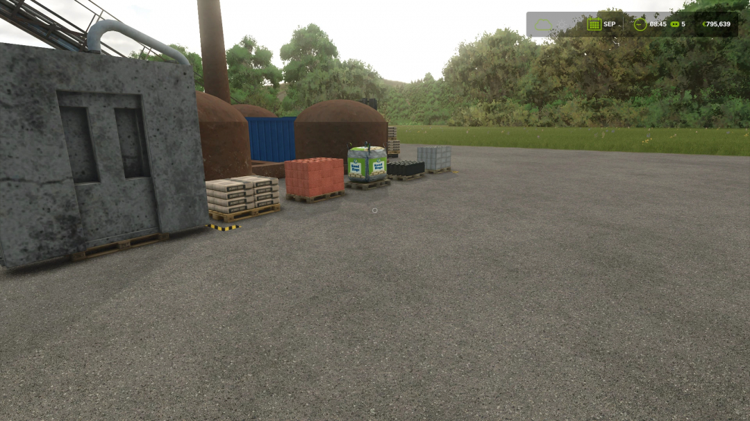 FS25 mod with precast production site featuring materials like pallets and cement.