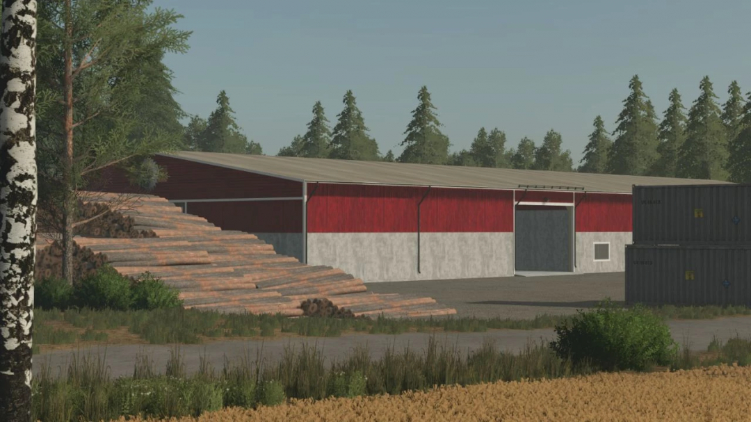 Pinewood Forest mod for FS25 featuring a red warehouse surrounded by logs and trees.