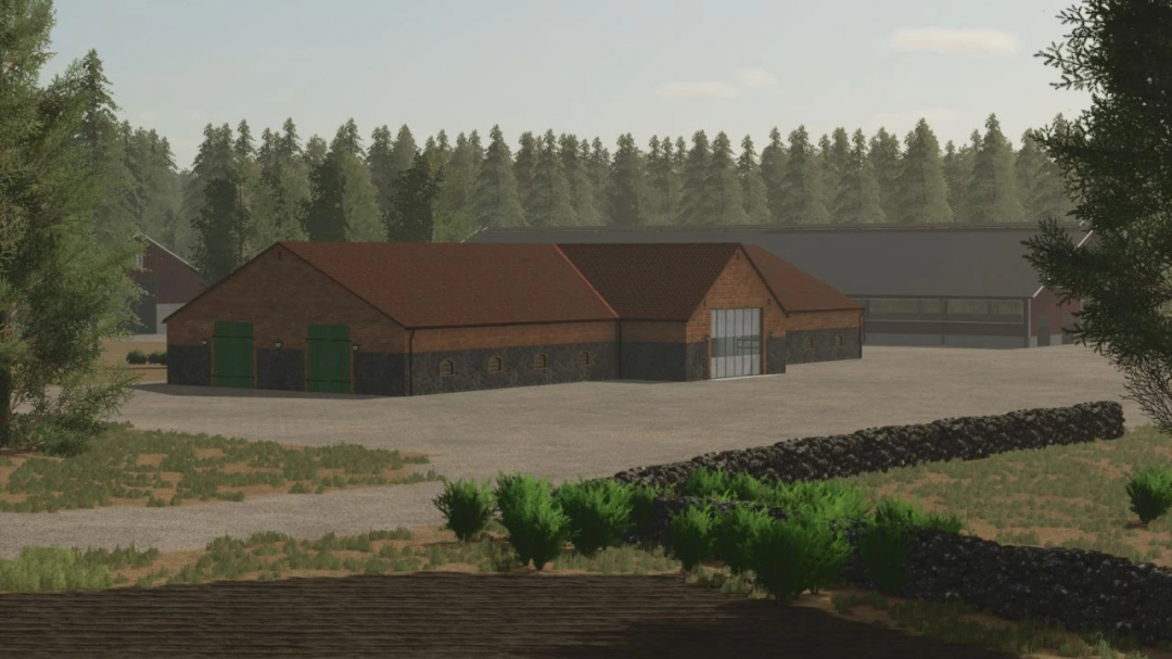 FS25 mod Pinewood Forest v1.3.0.0 shows a large barn surrounded by trees and pathways.