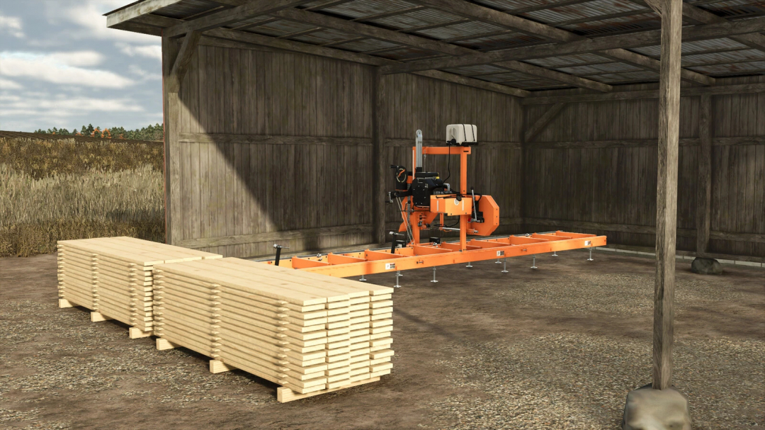 FS25 mod Productions Without Shed shows an open wooden structure with machinery and stacked lumber.